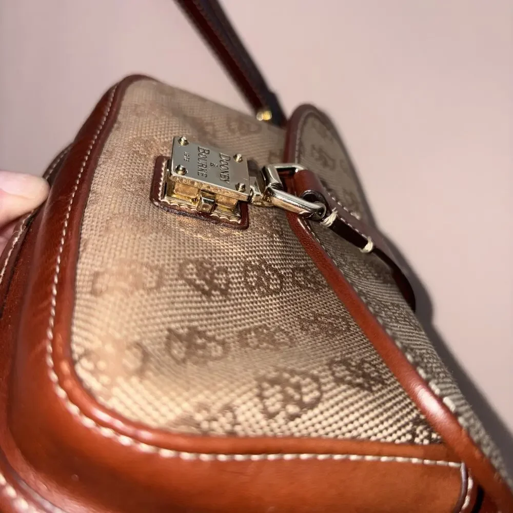 Dooney & Bourke 1975 Push Lock Wristlet Brown Leather Tan Monogram Fabric